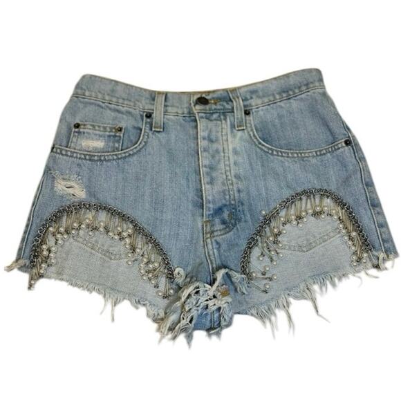 Festival Jeweled Fringe Denim Shorts Pearl Chain Cutoff Size 25 - Picture 5 of 10